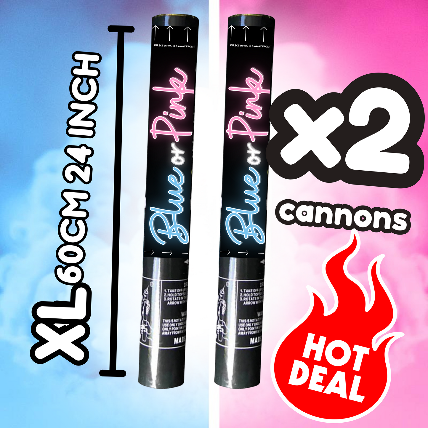 Twin Double Pack Gender Reveal Cannons – Extra Large 60cm Explosive Powder Smoke (Pink or Blue)