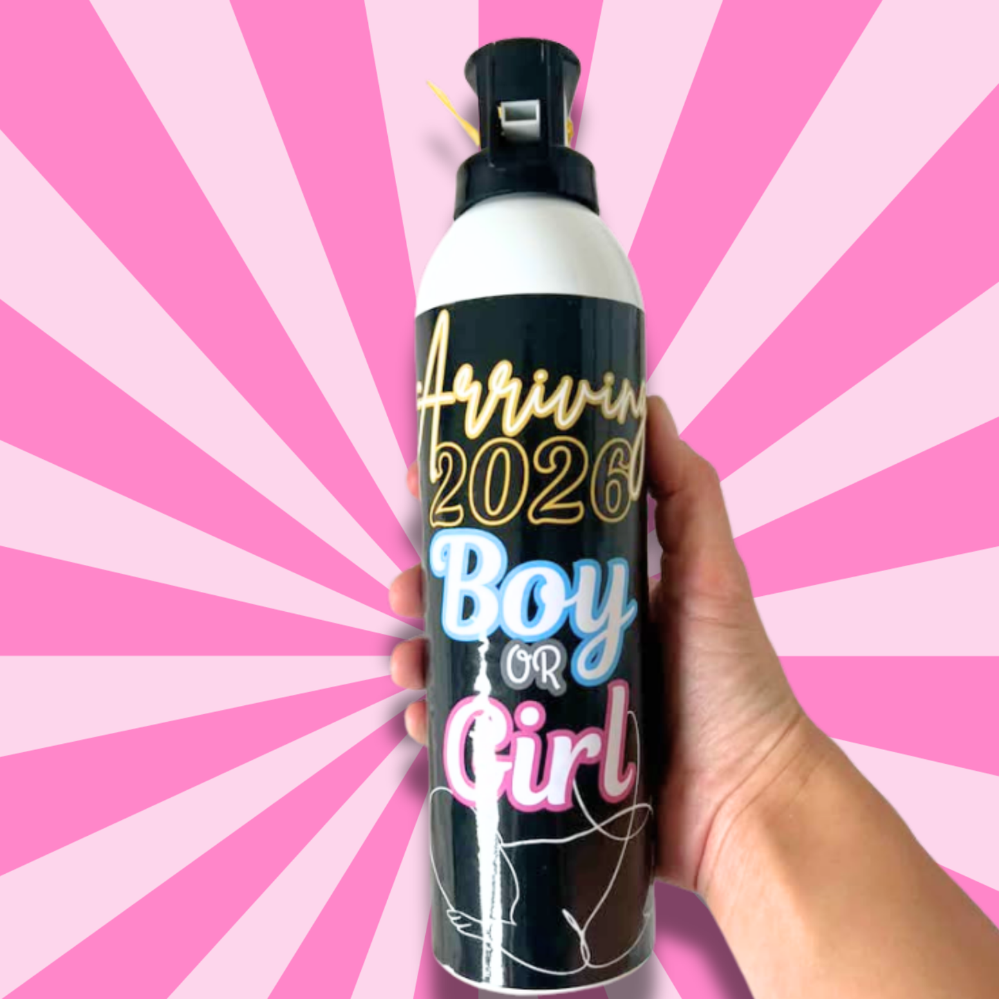 Hand holding a bottle labeled 'Arriving 2026 Boy or Girl' against a pink sunburst background