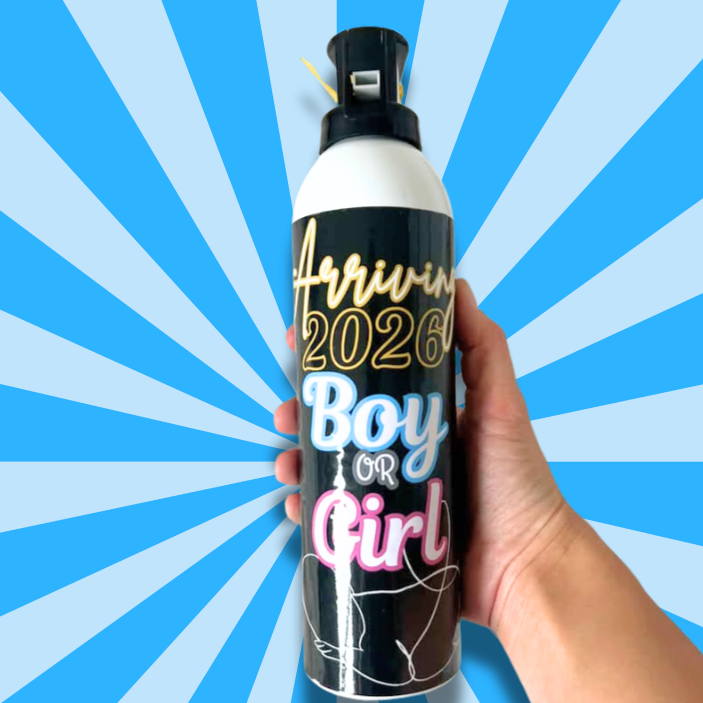 Hand holding a 'Arrivin 2026 Boy or Girl' product against a blue radial background
