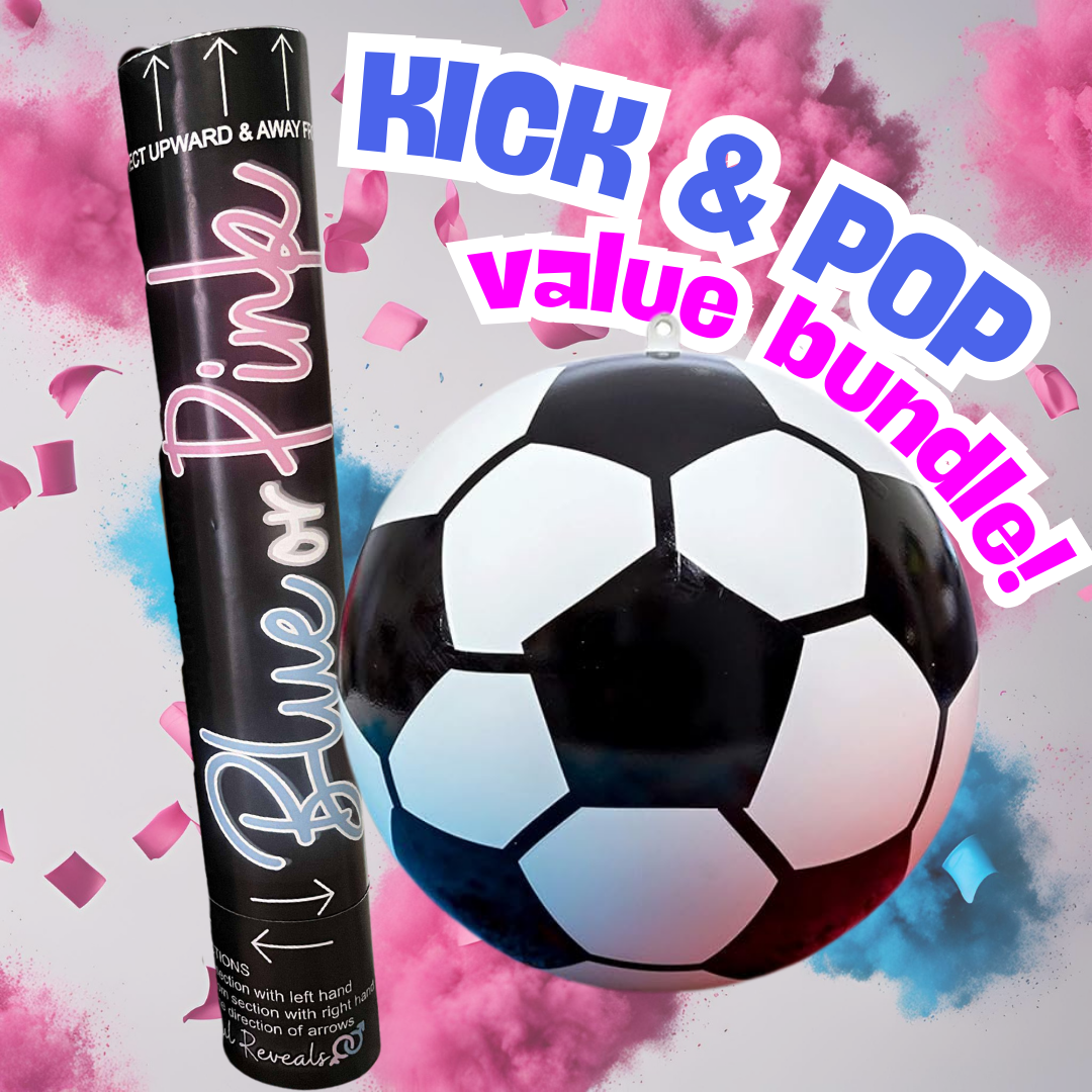 Kick & Pop Gender Reveal Bundle β Assembled Soccer Ball + XL 60cm Smoke & Confetti Cannon