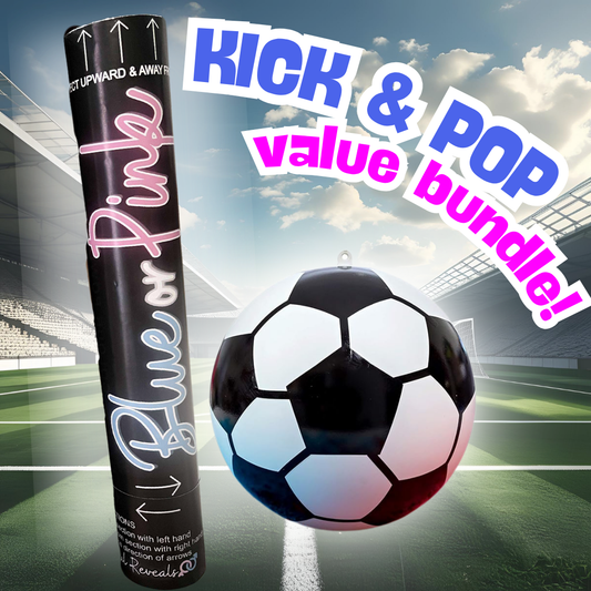 "Kick & Pop Gender Reveal Bundle with pre-assembled black-lined soccer ball and pink or blue XL smoke and confetti cannon – perfect for football-themed gender reveals.