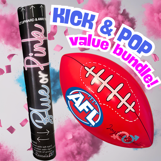 Kick & Pop Gender Reveal Bundle: AFL Footy Ball + XL 60cm Smoke & Confetti Cannon