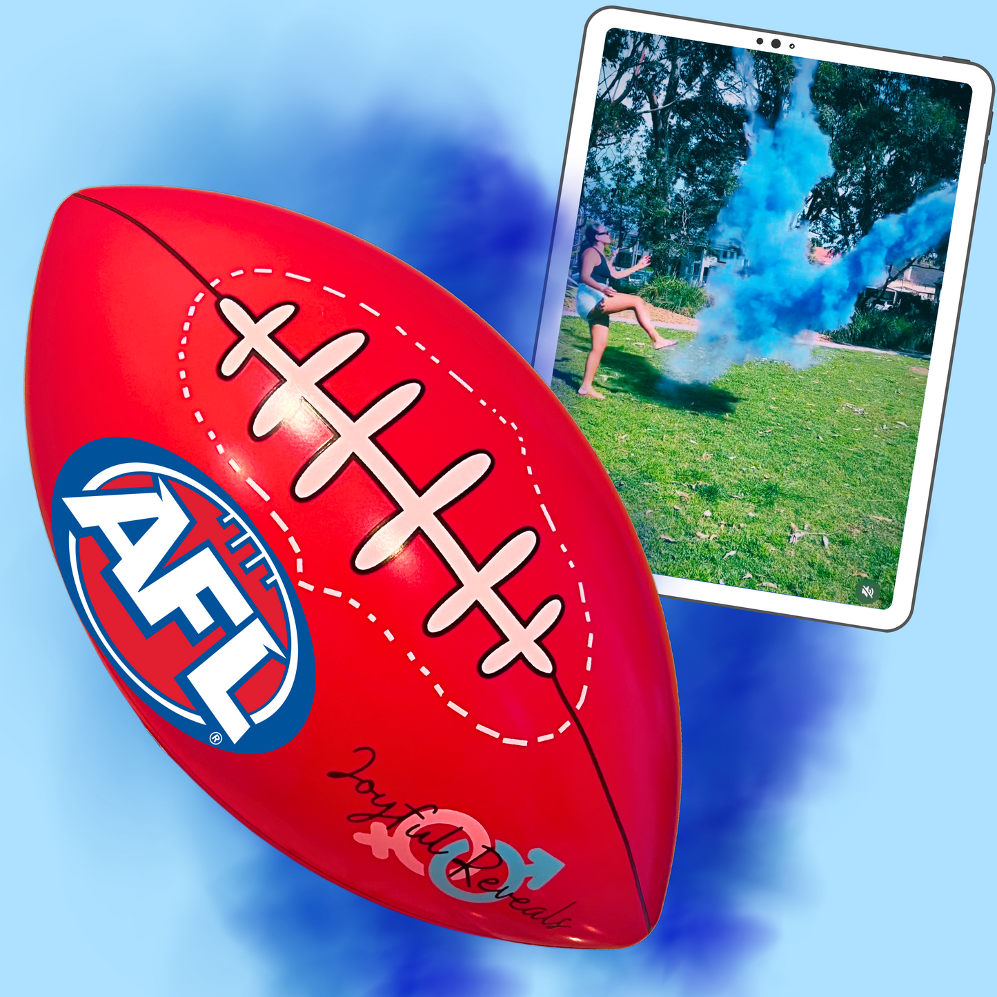gender reveal AFL foot australian football league he or she baby shower boy or girl powder smoke explosion it's a boy girl