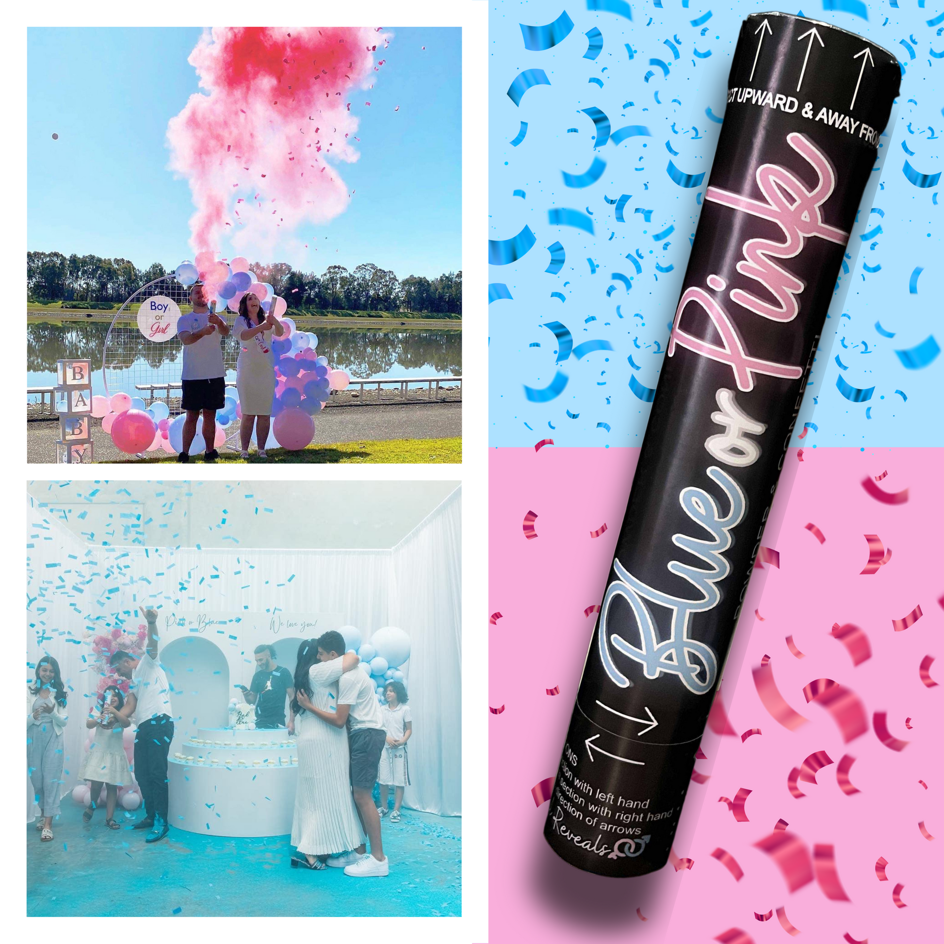 gender reveal idea cannon powder smoke confetti party popper its a boy its a girl sydney australia he or she