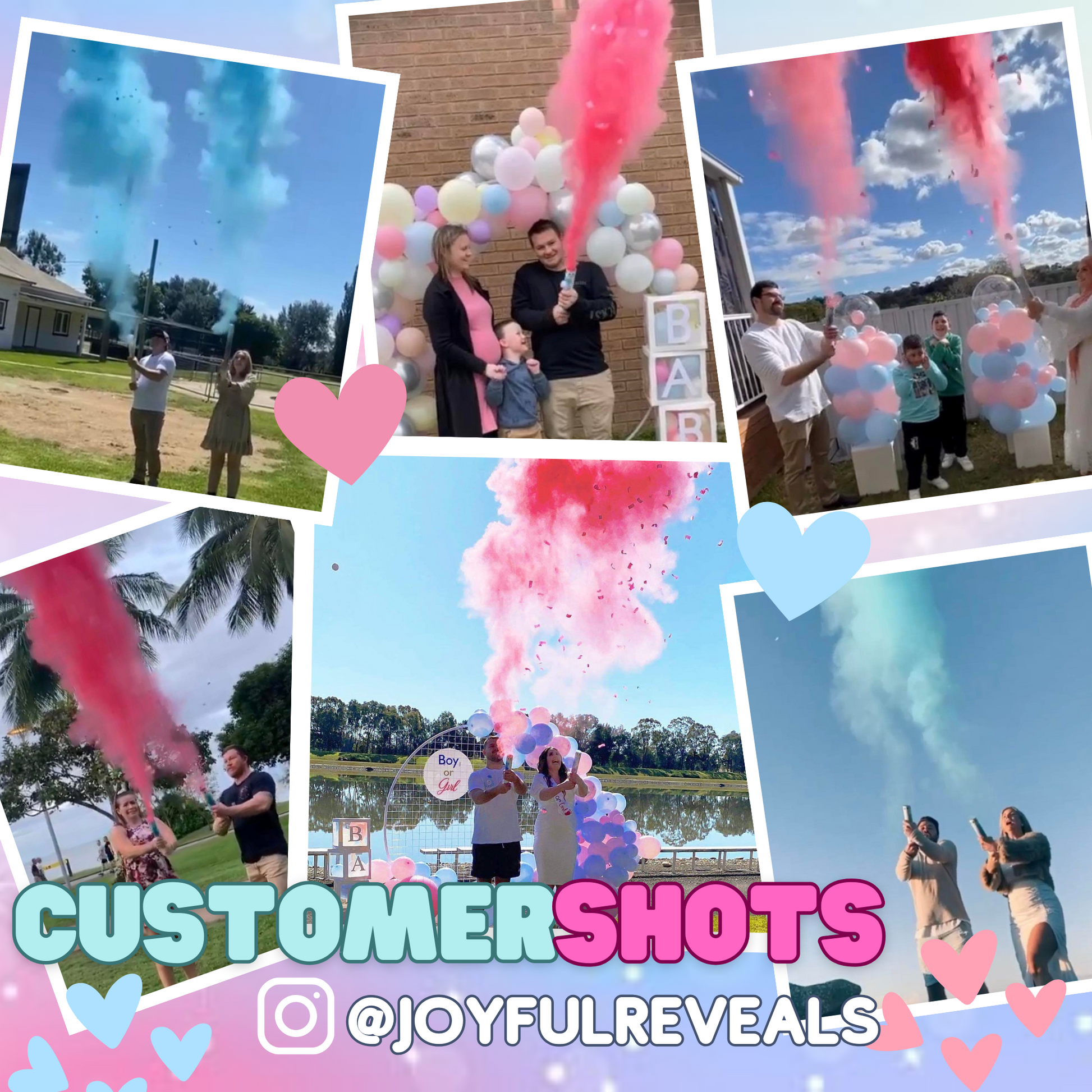 gender reveal baby shower he or she confetti poppers powder smoke and confetti combined party poppers it's a boy it's a girl he or she baby pregnant sydney Australia blue or pink