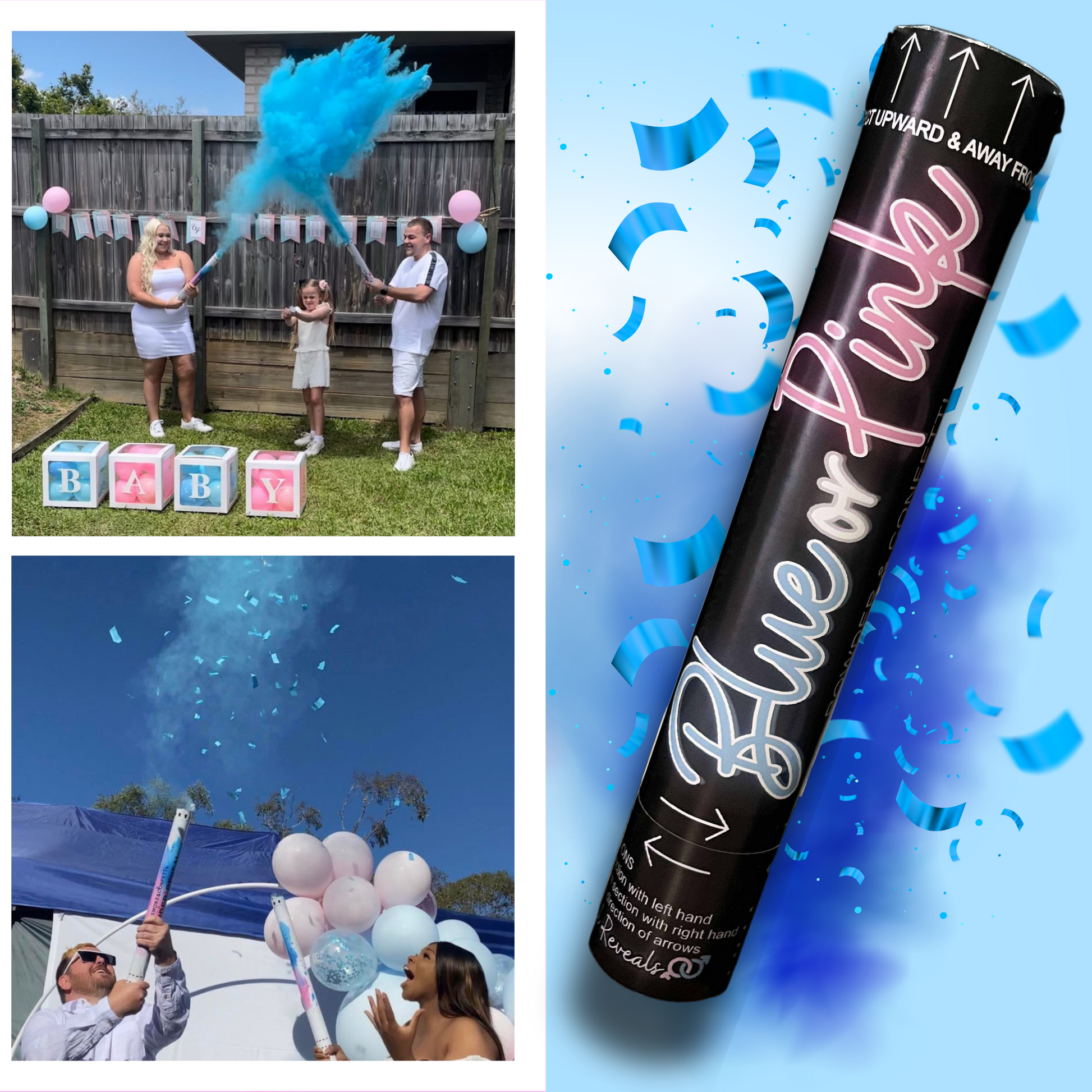 gender reveal idea cannon powder smoke confetti party popper its a boy its a girl sydney australia he or she
