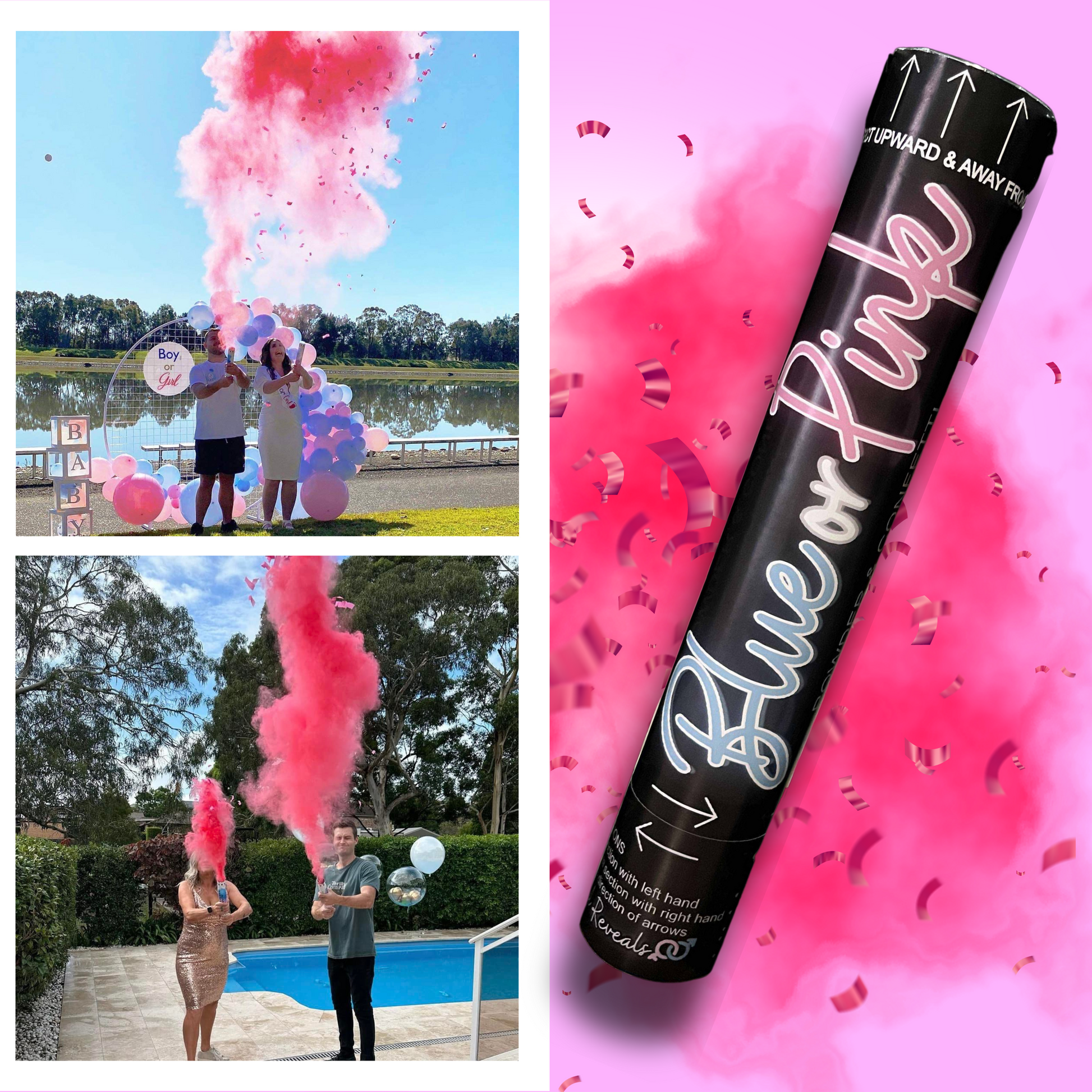 gender reveal idea cannon powder smoke confetti party popper its a boy its a girl sydney australia he or she