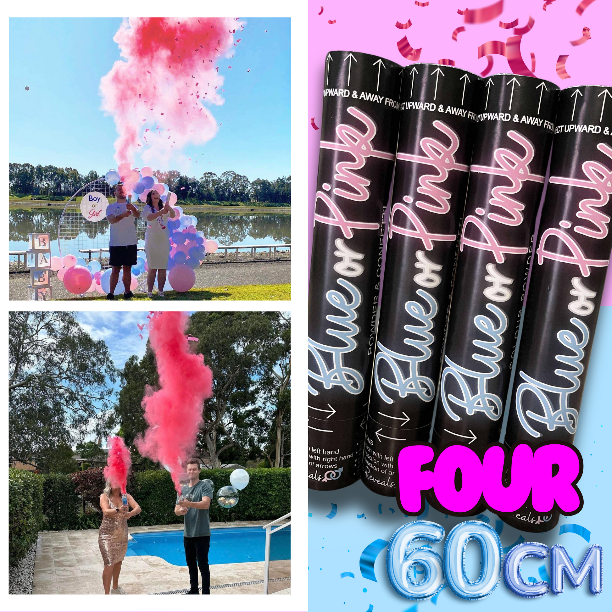 gender reveal baby shower he or she confetti poppers powder smoke and confetti combined party poppers it's a boy it's a girl he or she baby pregnant sydney Australia blue or pink