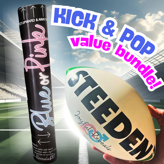 kick and pop value bundle gender reveal rugby ball and gender reveal cannon XL jumbo