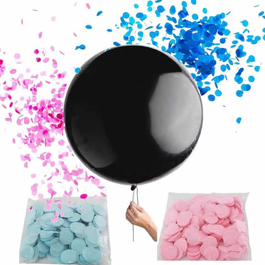 Jumbo Black Gender Reveal Balloon with Blue & Pink Confetti | Large Baby Shower Party Balloon for Boy or Girl Announcement