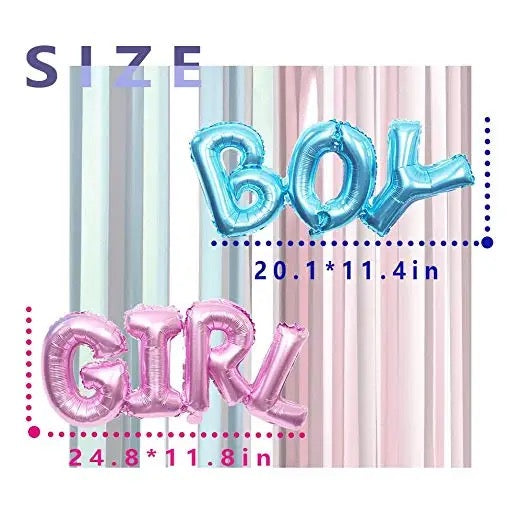 Gender Reveal Decoration Set - Metallic Fringe Curtains + BOY Girl Foil Balloons Gender Reveals Party Photo Backdrop (Pink/Blue)