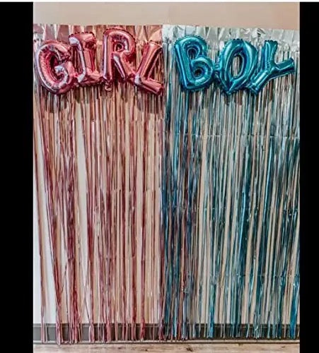 Gender Reveal Decoration Set - Metallic Fringe Curtains + BOY Girl Foil Balloons Gender Reveals Party Photo Backdrop (Pink/Blue)