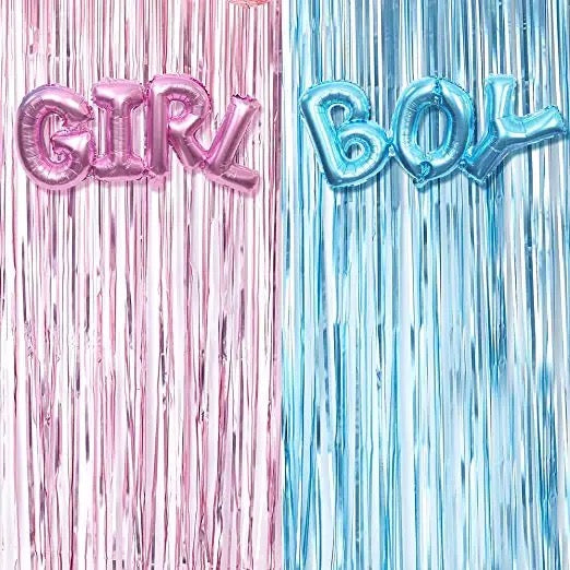 Gender Reveal Decoration Set - Metallic Fringe Curtains + BOY Girl Foil Balloons Gender Reveals Party Photo Backdrop (Pink/Blue)