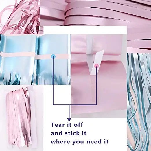 Gender Reveal Decoration Set - Metallic Fringe Curtains + BOY Girl Foil Balloons Gender Reveals Party Photo Backdrop (Pink/Blue)