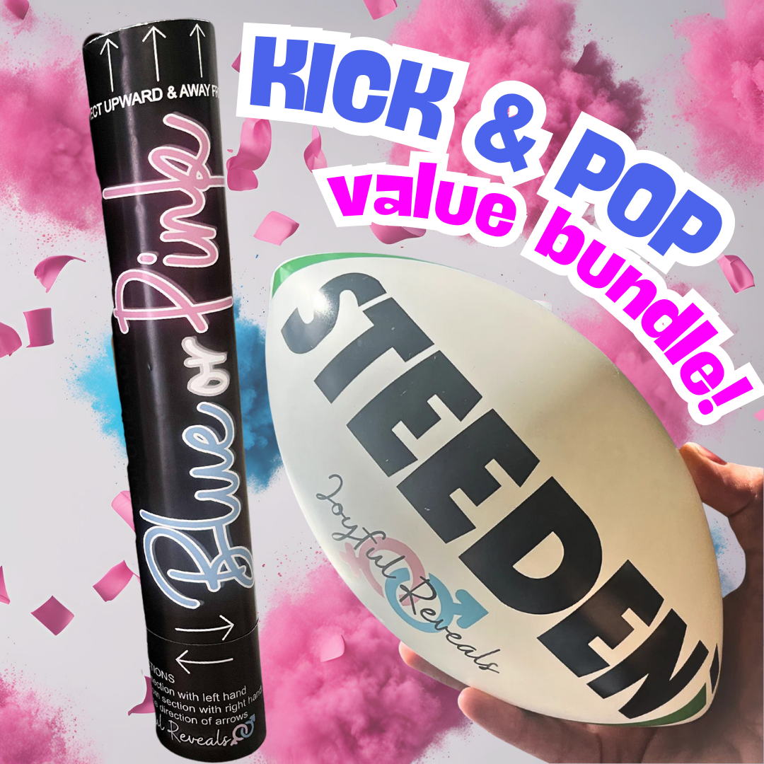 Kick & Pop Gender Reveal Bundle – NRL Footy Rugby Ball + XL 60cm Smoke & Confetti Cannon