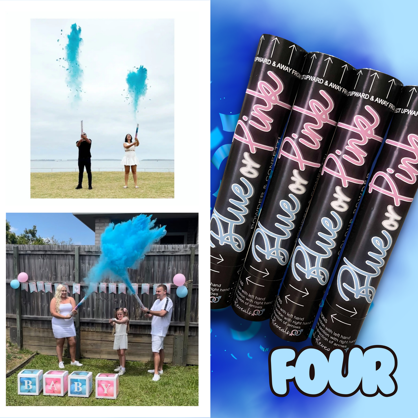 gender reveal baby shower he or she confetti poppers powder smoke and confetti combined party poppers it's a boy it's a girl he or she baby pregnant sydney Australia blue or pink