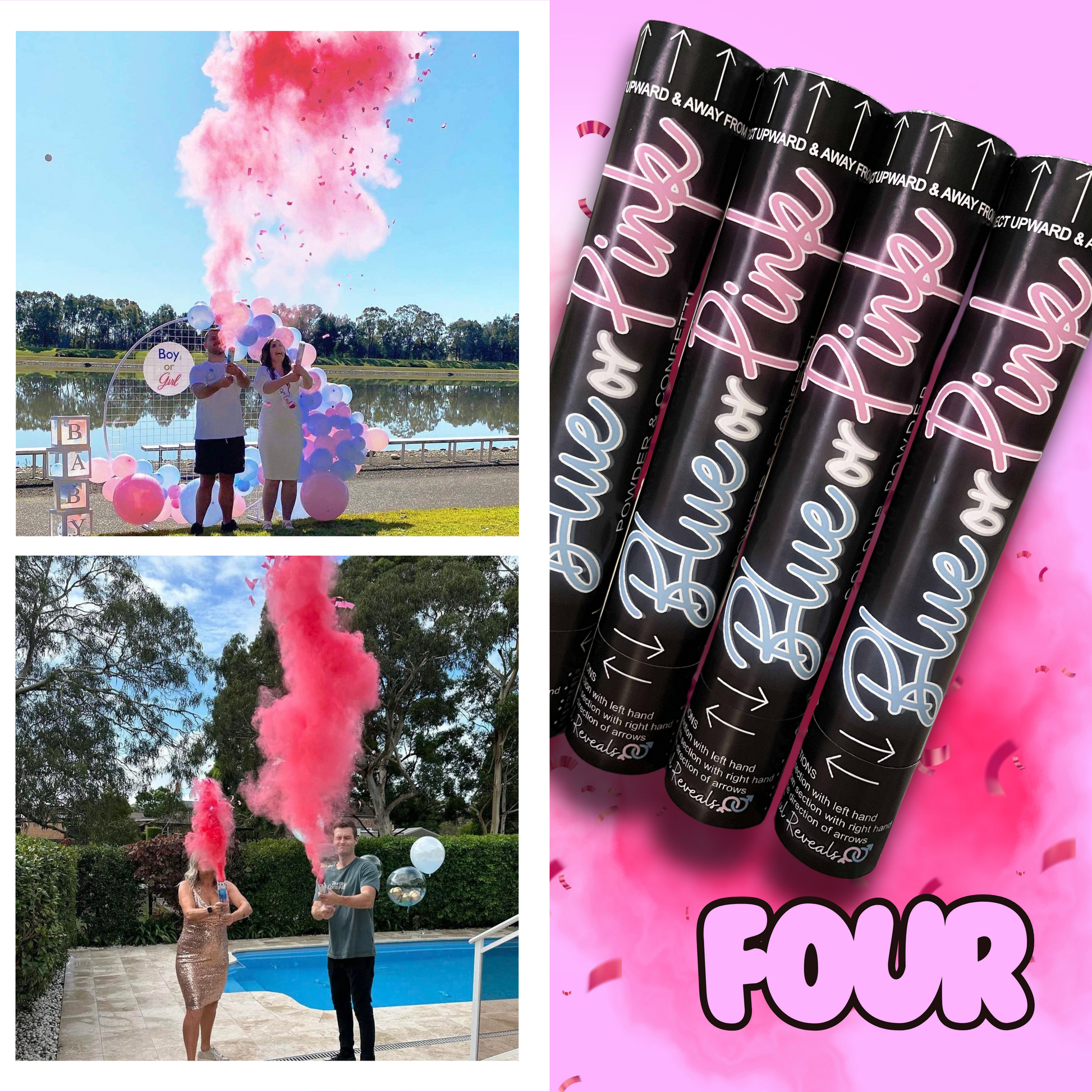 gender reveal baby shower he or she confetti poppers powder smoke and confetti combined party poppers it's a boy it's a girl he or she baby pregnant sydney Australia blue or pink