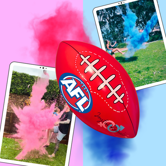 gender reveal AFL foot australian football league he or she baby shower boy or girl powder smoke explosion it's a boy girl 