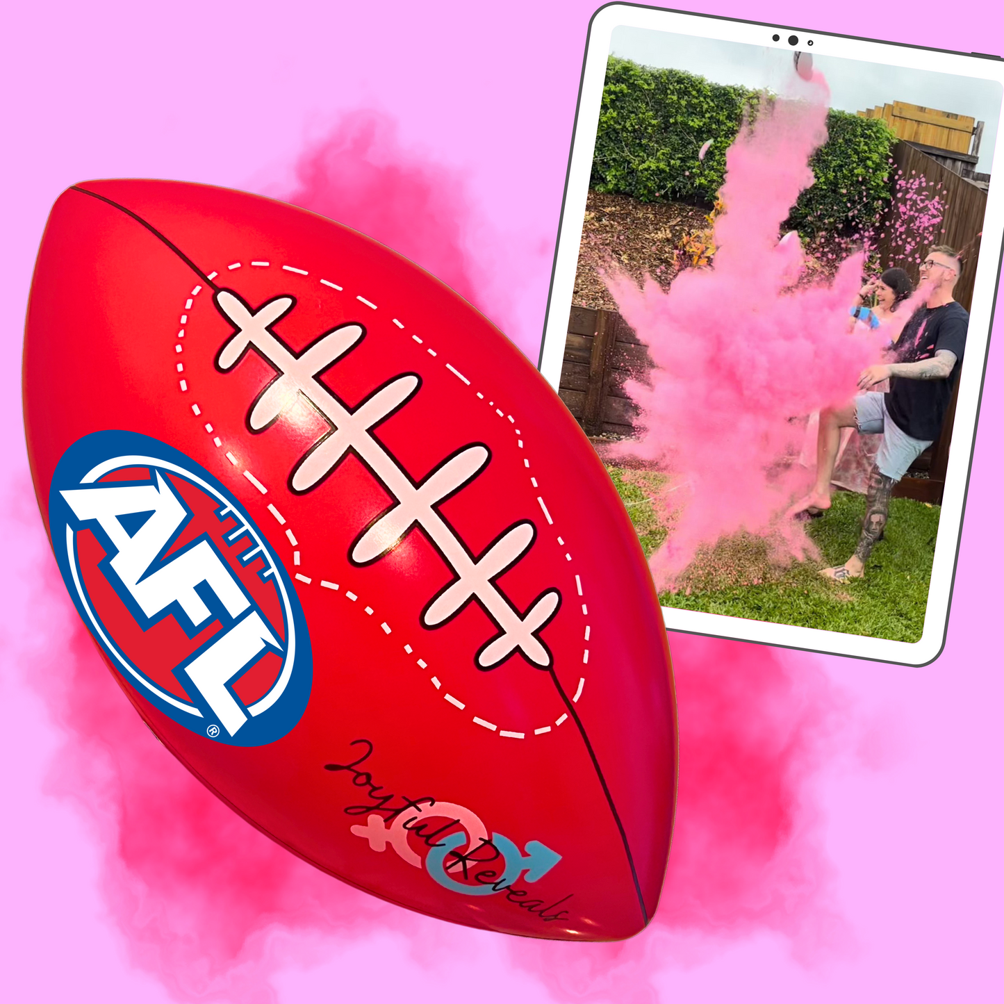gender reveal AFL foot australian football league he or she baby shower boy or girl powder smoke explosion it's a boy girl 