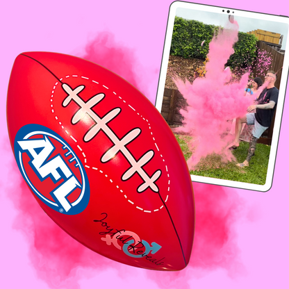 gender reveal AFL foot australian football league he or she baby shower boy or girl powder smoke explosion it's a boy girl 