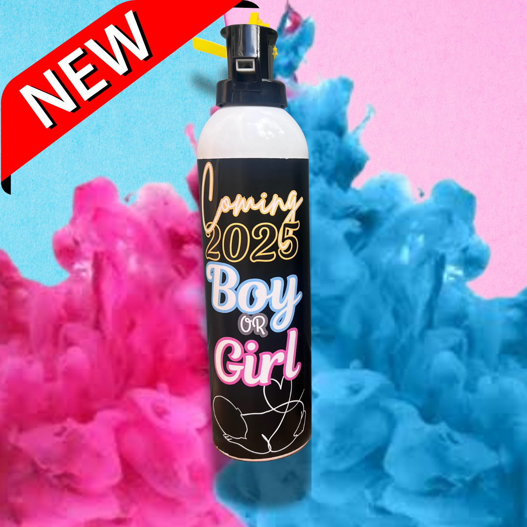 gender reveal fire extinguisher jumbo blaster smoke explosive it's a boy it's a girl pink blue baby shower gender reveal idea sydney australia