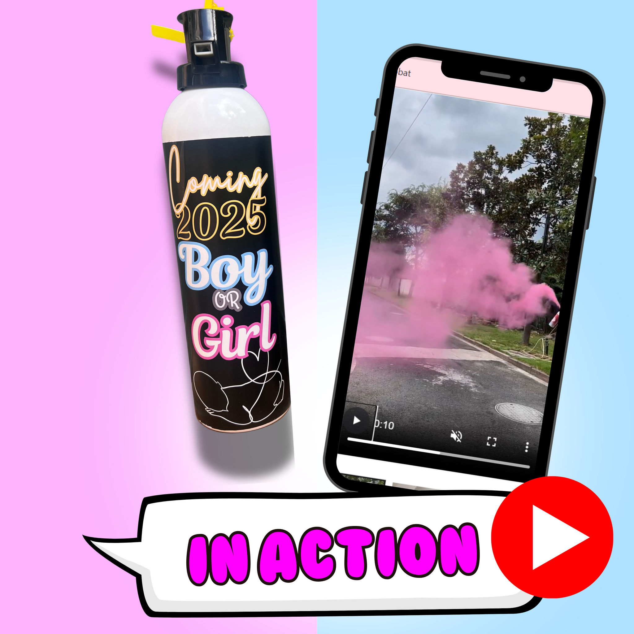 gender reveal fire extinguisher jumbo blaster smoke explosive it's a boy it's a girl pink blue baby shower gender reveal idea sydney australia video