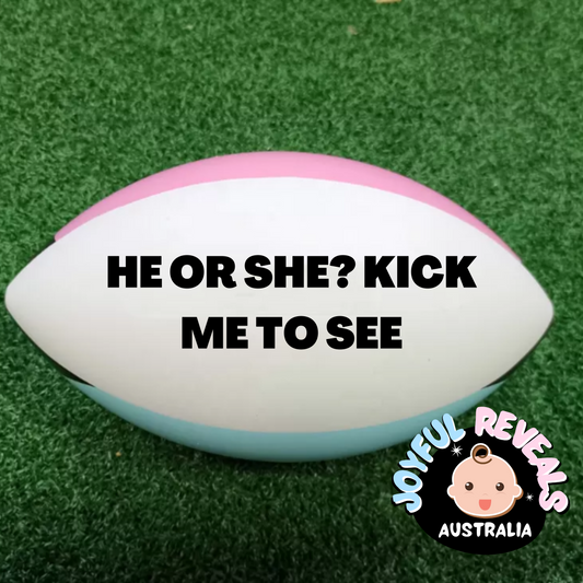 rugby ball NRL league footy football gender reveal he or she boy or girl y Sydney Australia powder holi powder kit pink or blue powder DIY Joyful reveals surprise top secret AFL Pink it's a girl It's a boy blue