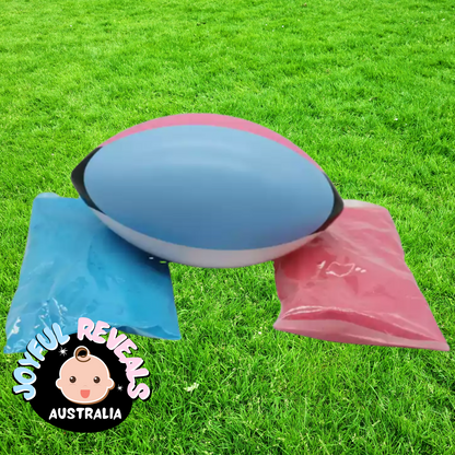 rugby ball NRL league footy football gender reveal he or she boy or girl y Sydney Australia powder holi powder kit pink or blue powder DIY Joyful reveals surprise top secret AFL Pink it's a girl It's a boy blue