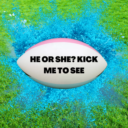 rugby ball NRL league footy football gender reveal he or she boy or girl y Sydney Australia powder holi powder kit pink or blue powder DIY Joyful reveals surprise top secret AFL Pink it's a girl It's a boy blue