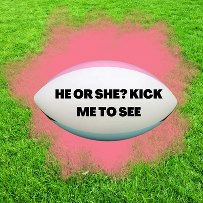 rugby ball NRL league footy football gender reveal he or she boy or girl y Sydney Australia powder holi powder kit pink or blue powder DIY Joyful reveals surprise top secret AFL Pink it's a girl It's a boy blue