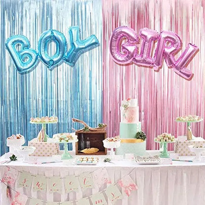 Gender Reveal Decoration Set - Metallic Fringe Curtains + BOY Girl Foil Balloons Gender Reveals Party Photo Backdrop (Pink/Blue)